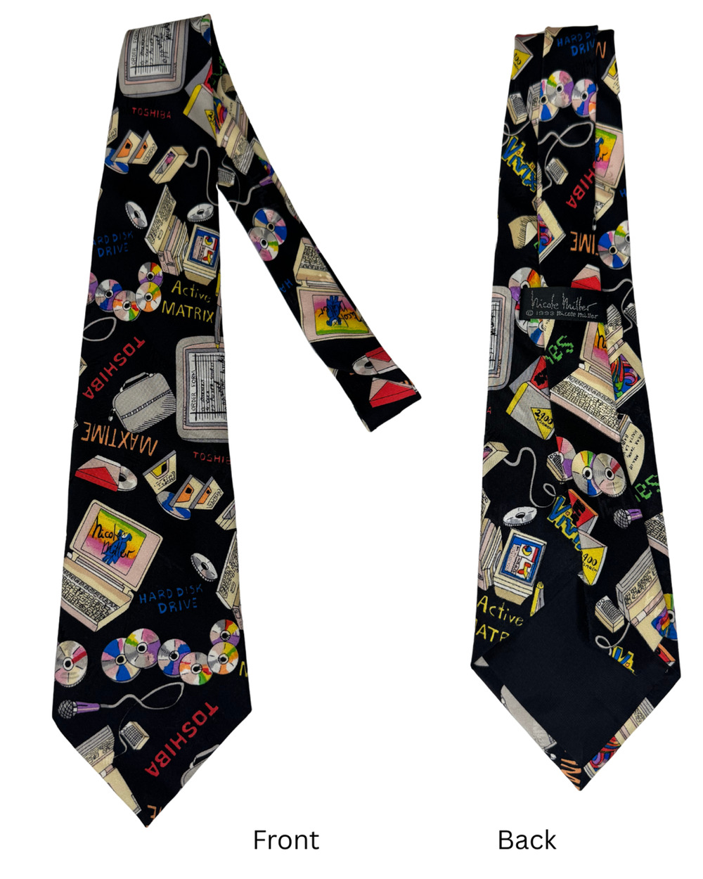 Nicole Miller Retro Computer Tech Silk Tie Y2K Toshiba Maxell Floppy Disk Novelt
